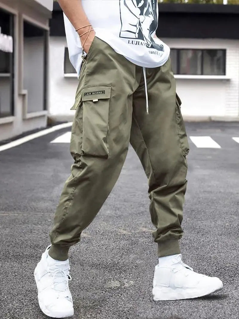 Men'S Flap Pocket Drawstring Cargo Pants, Loose Drawstring Waist Jogger Trousers, Summer, Men Clothes, Please Purchase a Size Up
